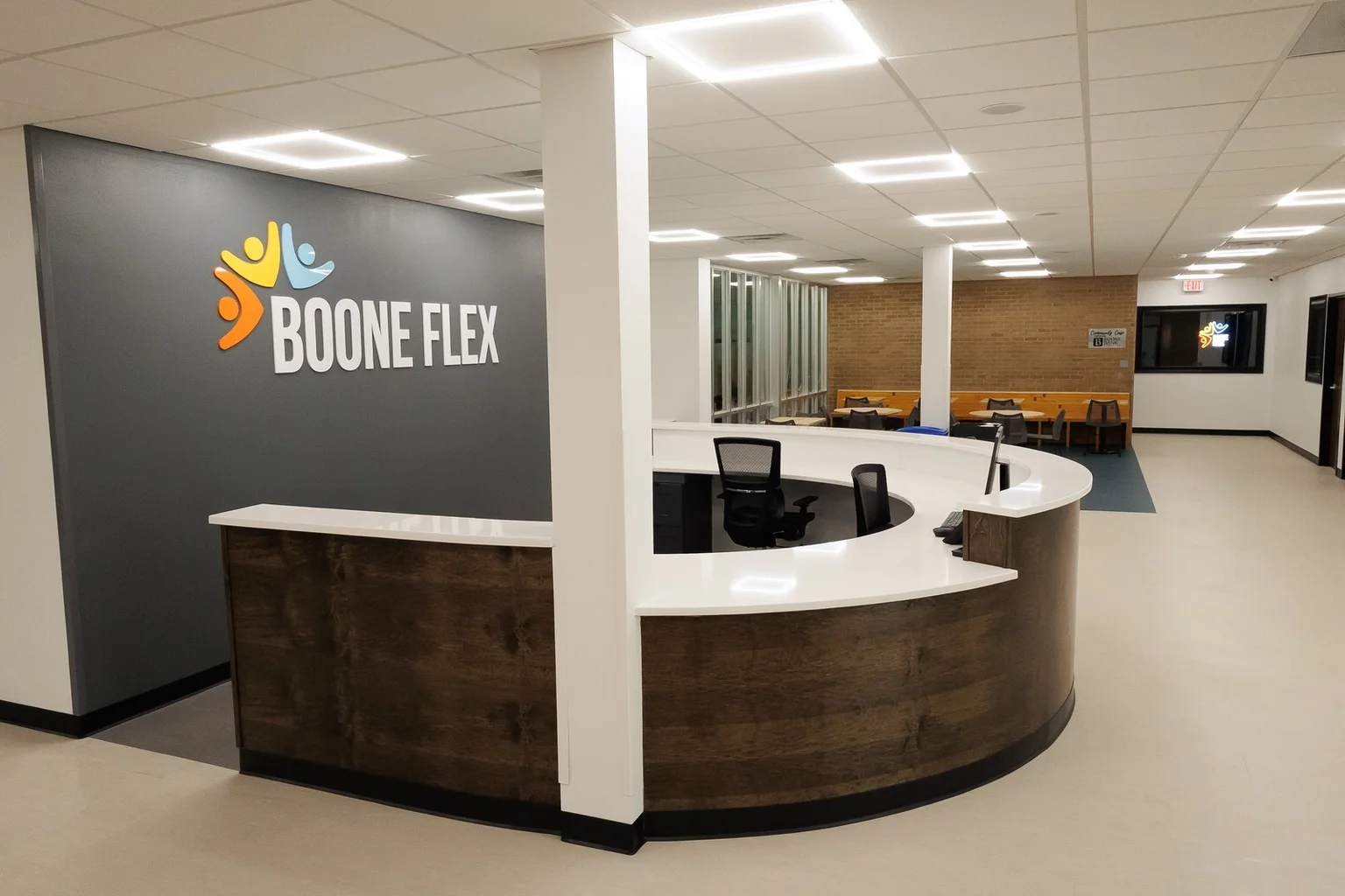 Boone FLEX Front Desk with Community Cafe in background