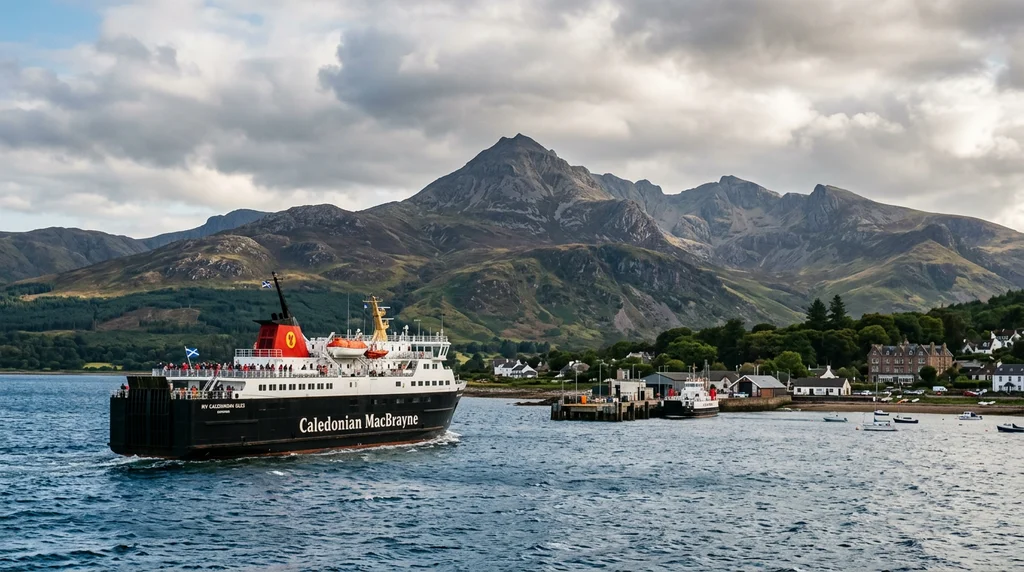 A ferry approaching Brodick on the Isle of Arran, with Goatfell behind.