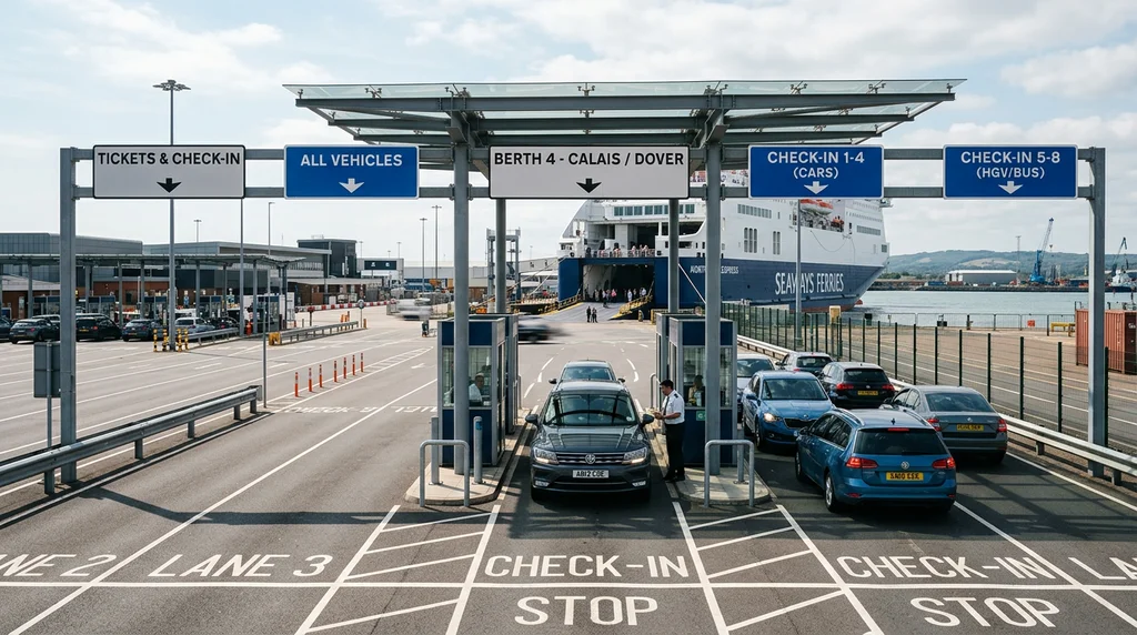 A ferry port check-in area with vehicles waiting.