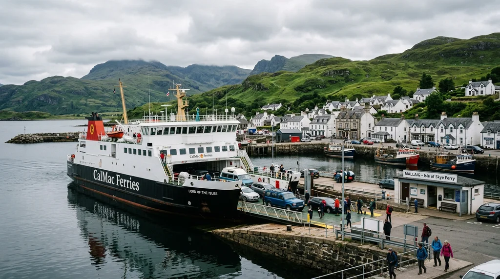 A Scottish mainland ferry port with a ferry berthed at the terminal.