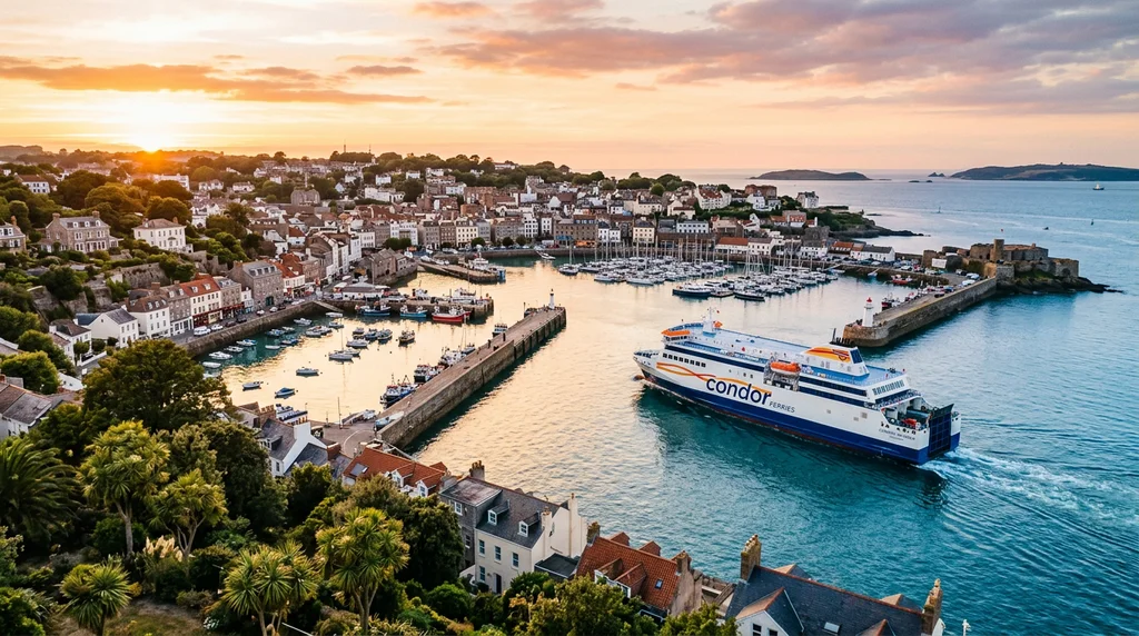 A ferry arriving at a Channel Islands harbour.