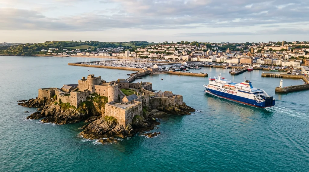 A ferry approaching St Helier on Jersey in the Channel Islands.