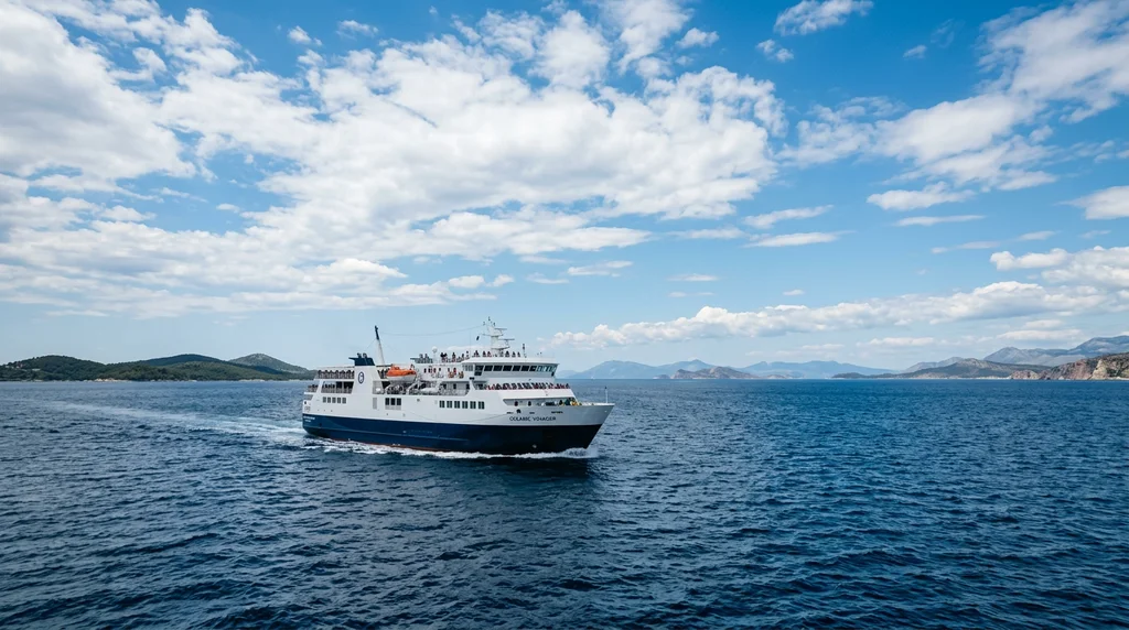 A ferry at sea, representing the many destinations reachable by ferry.