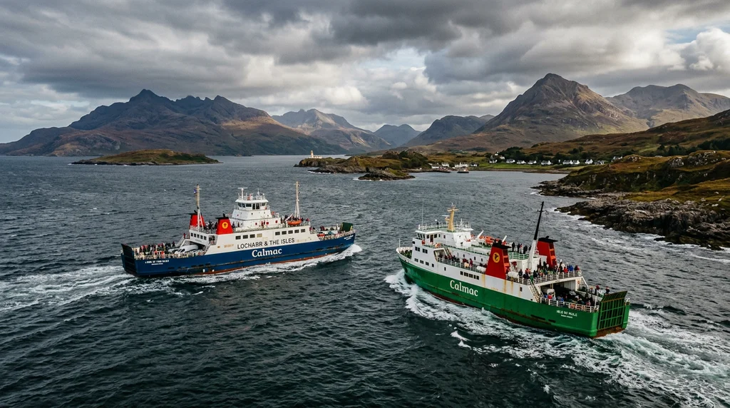 Ferries operated by Scotland's ferry companies at sea.