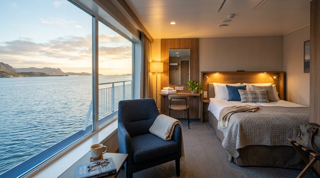 A cabin on board a ferry with a sea view.
