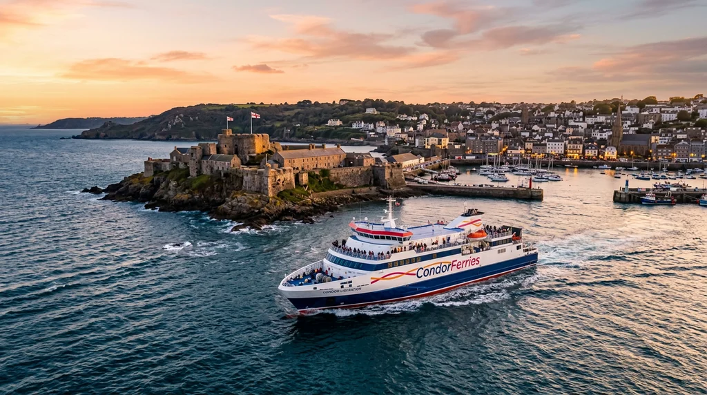 A ferry approaching St Peter Port on Guernsey in the Channel Islands.
