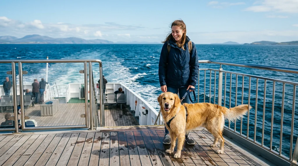 A dog with its owner on the deck of a ferry.