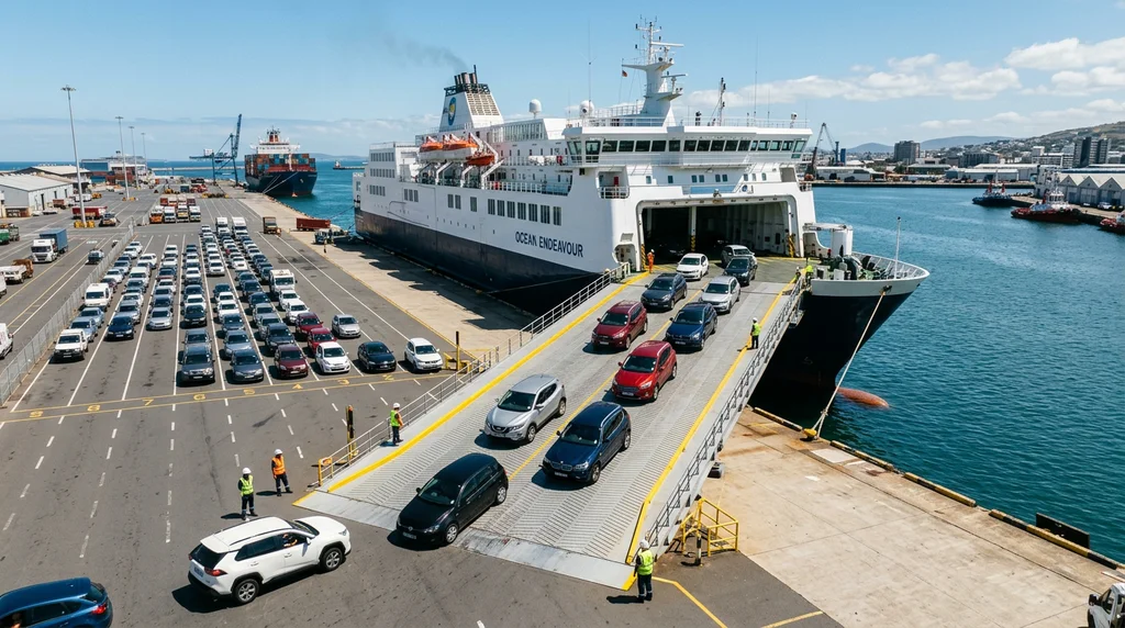 Cars boarding a ferry via the loading ramp.