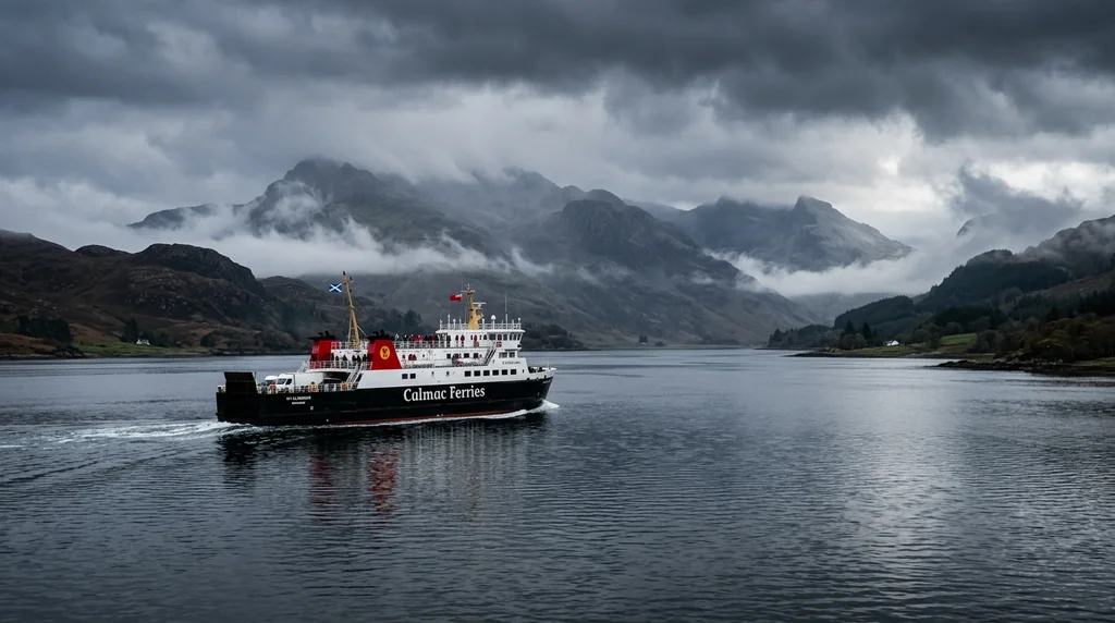 A ferry crossing to a Scottish island, with Highland scenery behind.