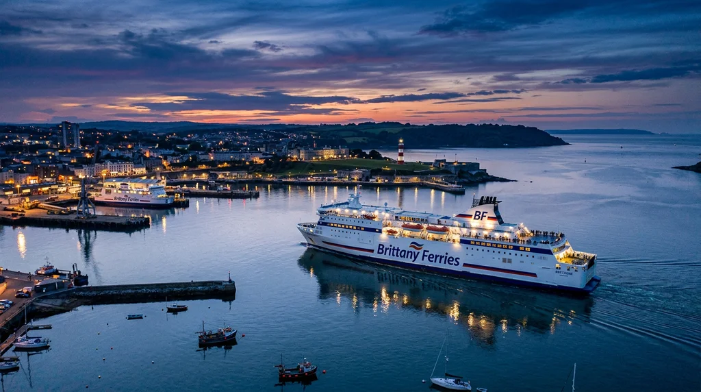 A Brittany Ferries passenger ferry departing from a coastal harbour in Devon at dusk