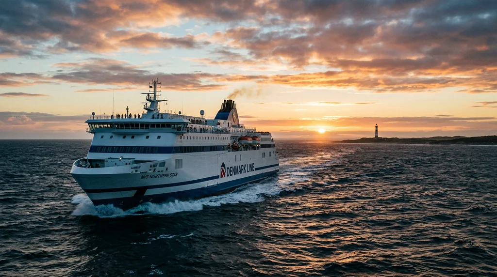 A large car ferry sailing towards Denmark at sunrise.