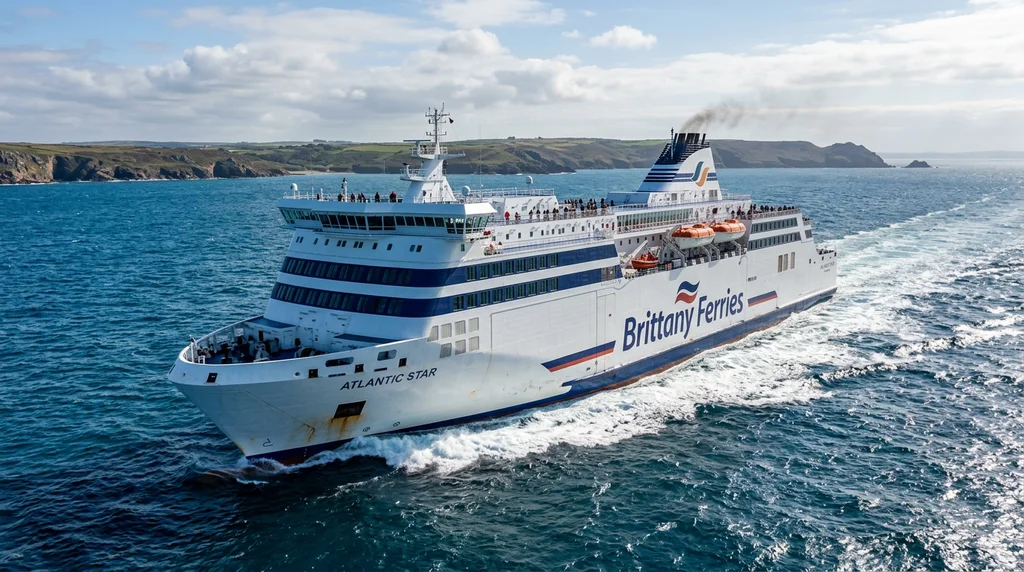A Brittany Ferries-style cruise ferry crossing the western Channel.
