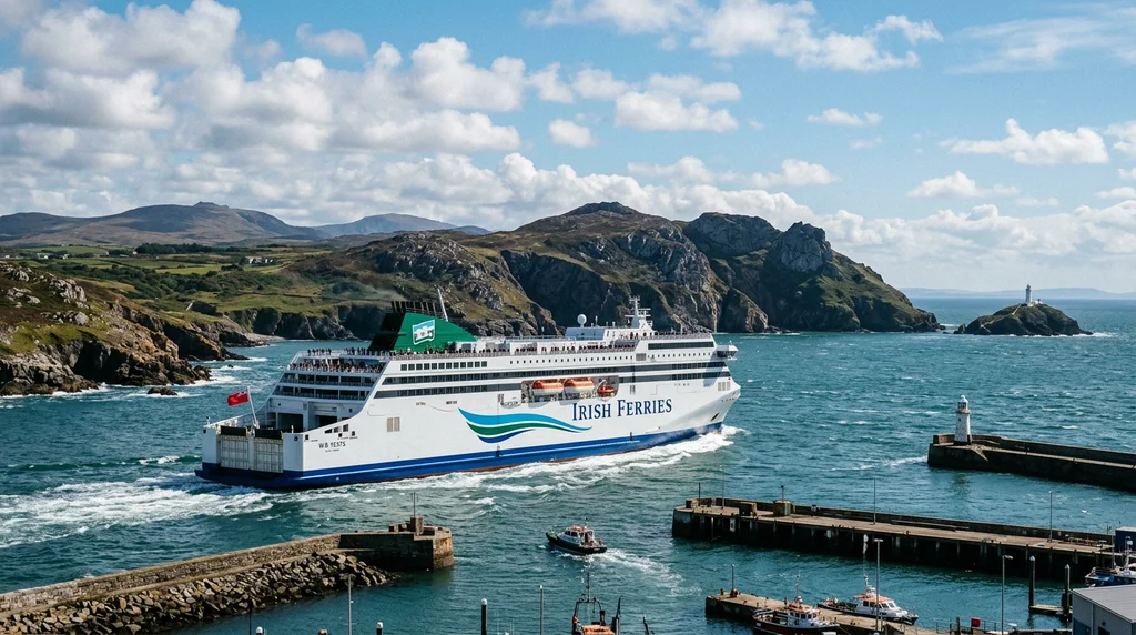 A ferry leaving Holyhead bound for Dublin across the Irish Sea.