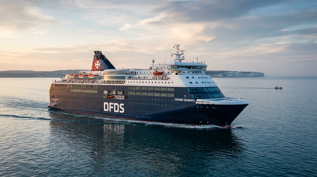 A DFDS-style ferry crossing the English Channel.