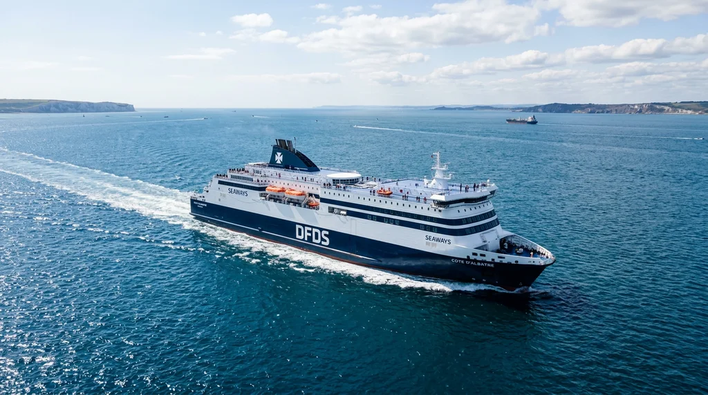 A large DFDS passenger ferry crossing the English Channel
