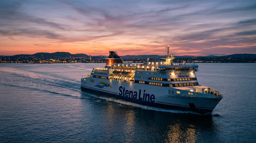 A ferry crossing the Irish Sea from Liverpool to Belfast.