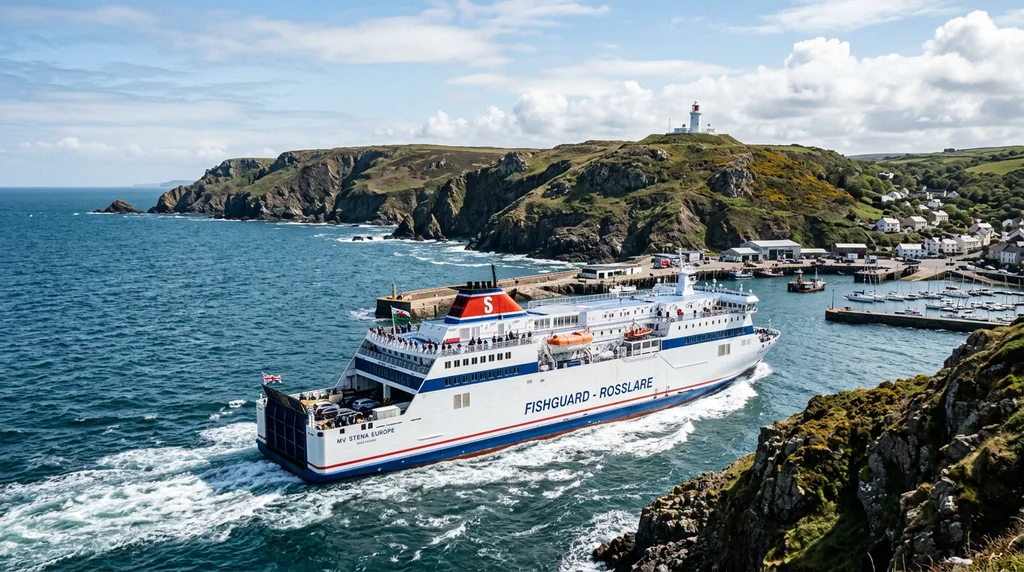 A ferry leaving Fishguard in Wales bound for Rosslare in Ireland.