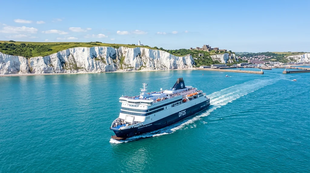 A large passenger ferry crossing the English Channel, approaching the White Cliffs of Dover.