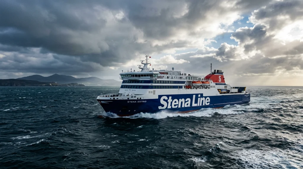A Stena Line-style ferry crossing the Irish Sea.