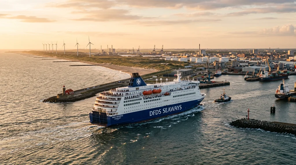 A ferry arriving in the Netherlands across the North Sea.