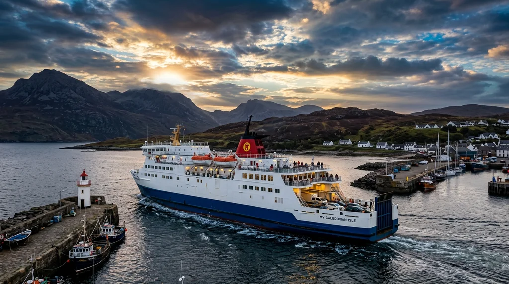 A NorthLink-style overnight ferry arriving at a Northern Isles harbour.