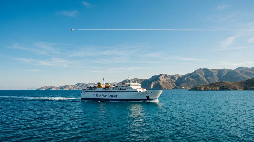 A ferry at sea beneath a plane's vapour trail.