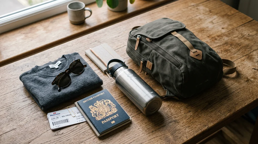 A day bag packed with ferry crossing essentials.