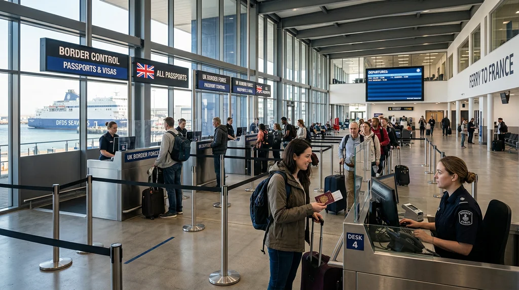 A ferry passenger terminal with border control, illustrating EU entry checks.