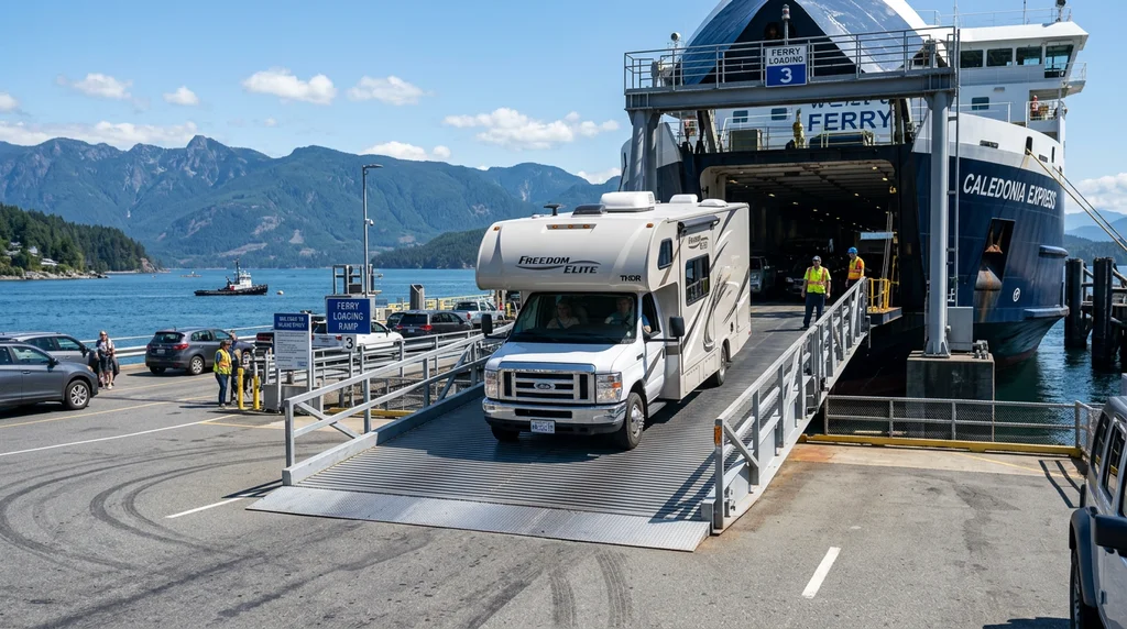 A motorhome boarding a ferry via the loading ramp.