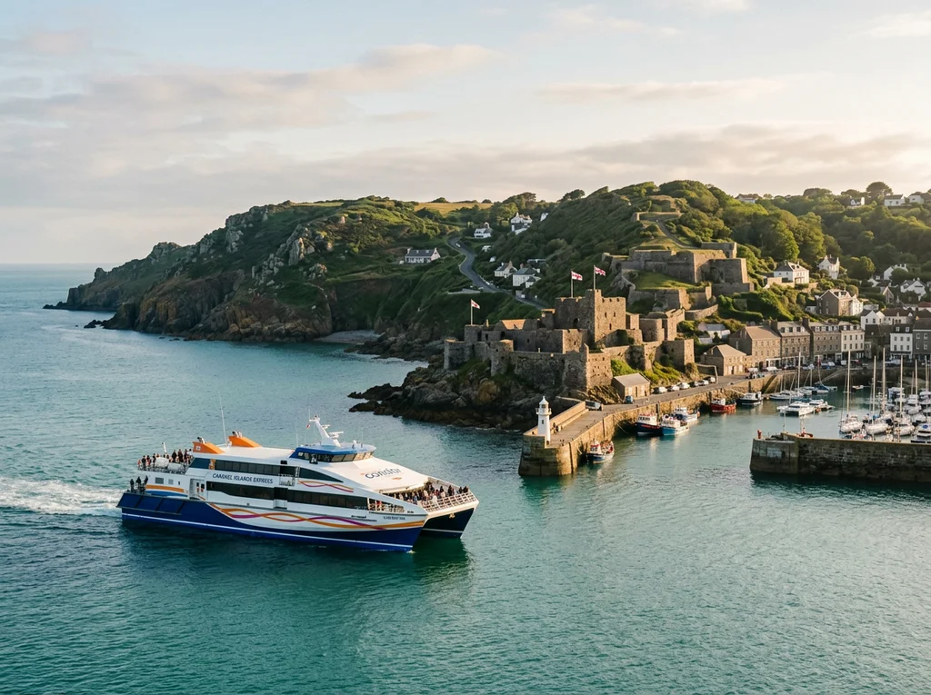 A ferry arriving at a Channel Islands harbour.