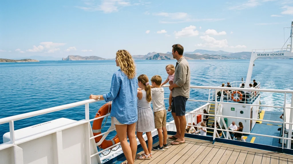 A family with children on a ferry deck looking out to sea.