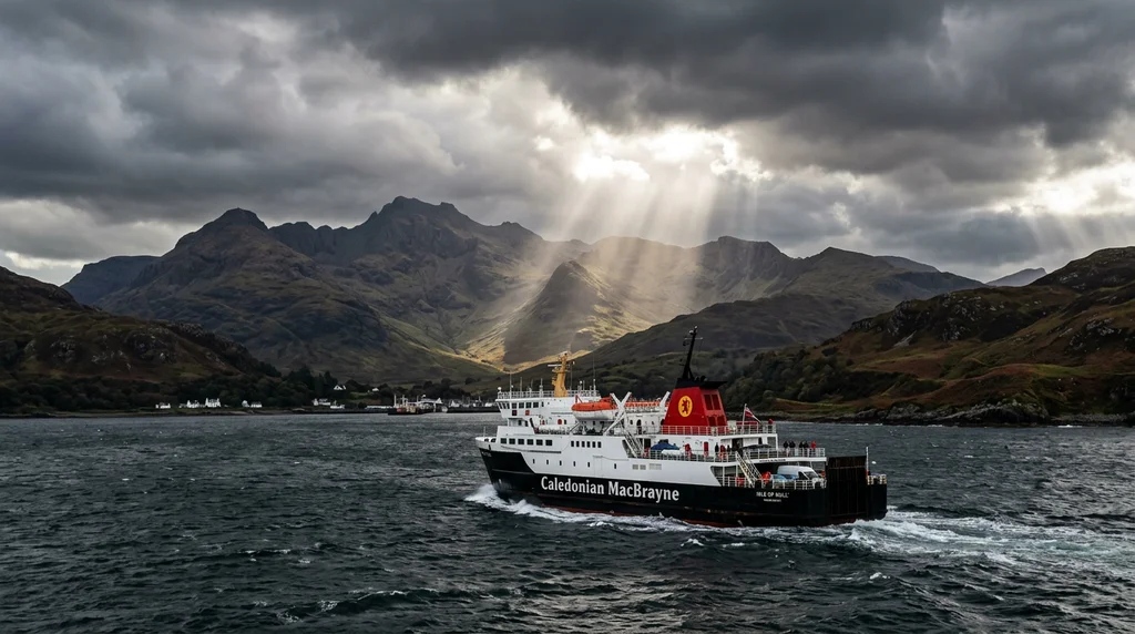 A CalMac-style car ferry crossing to a Scottish island.