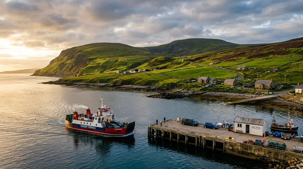 An Orkney Ferries inter-island ferry approaching an island pier.