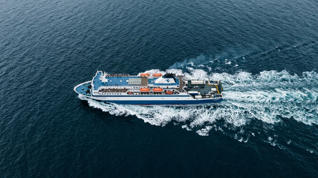 Aerial view of a large ferry crossing a deep blue sea