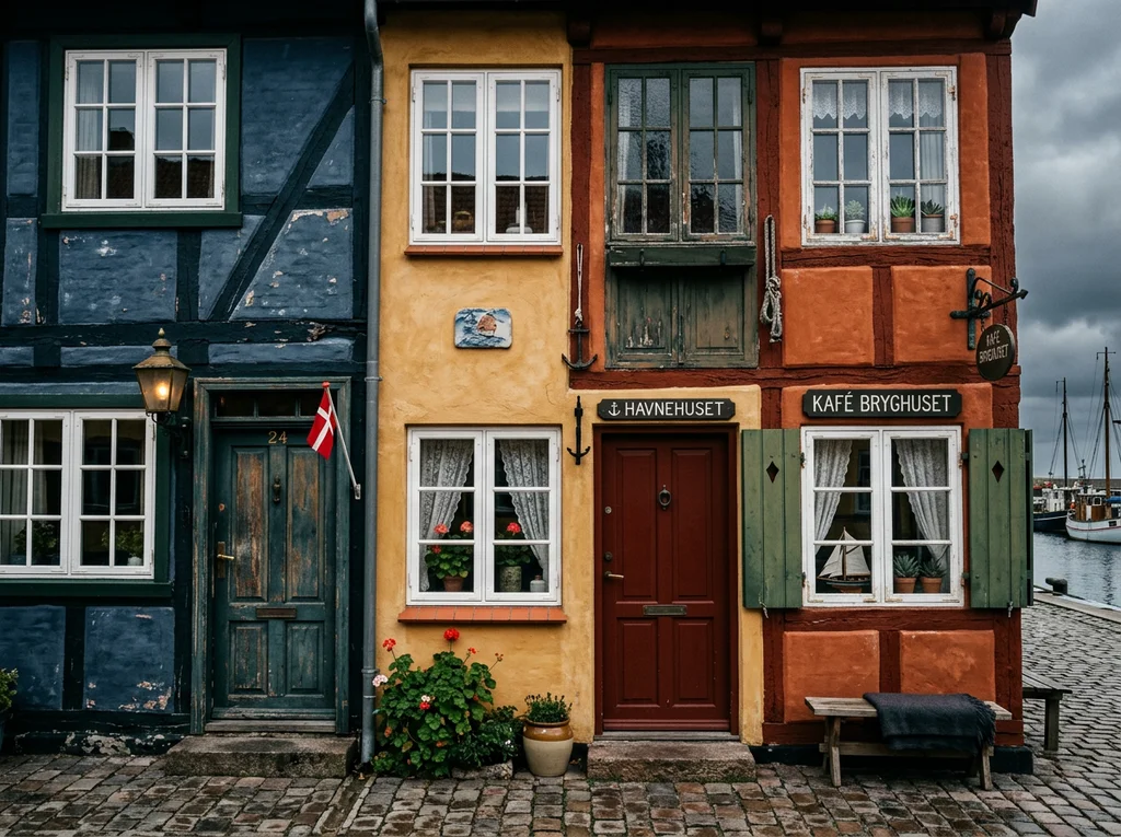 Colorful harbourfront house fronts, representing the Denmark ferry routes