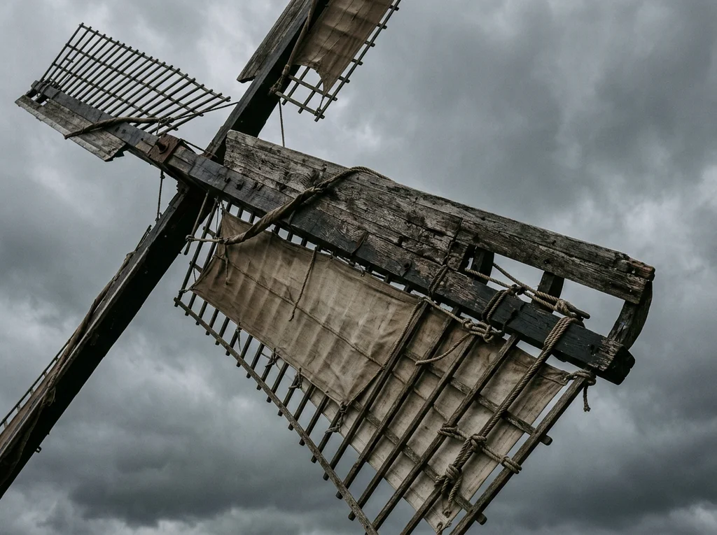 Windmill sail blades against a grey sky, representing the Holland ferry routes