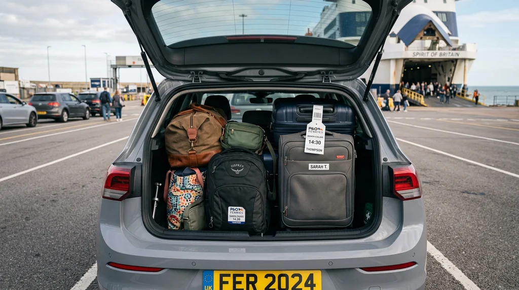 Luggage packed in a car boot for a ferry trip.