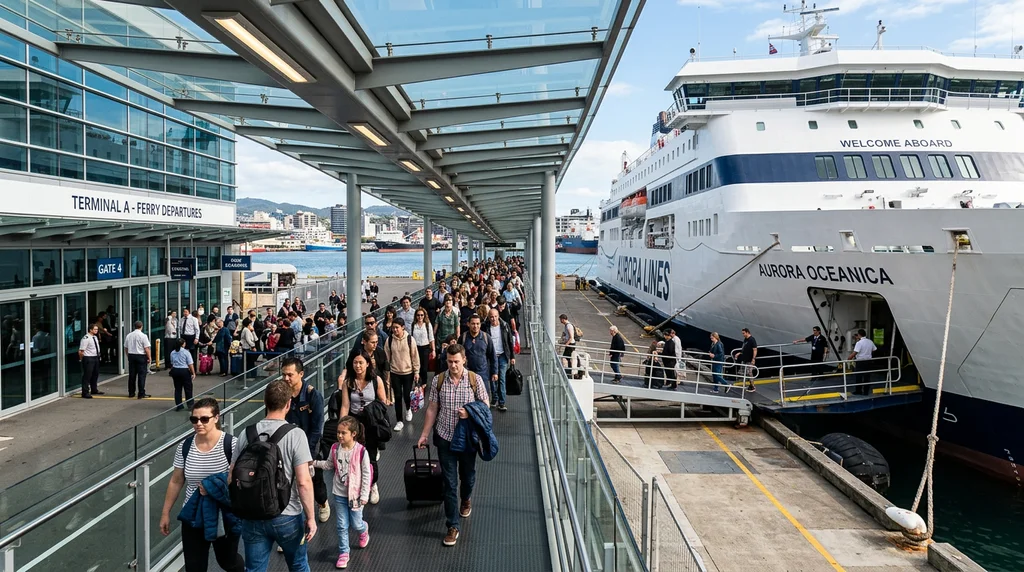 Foot passengers boarding a ferry at a terminal.
