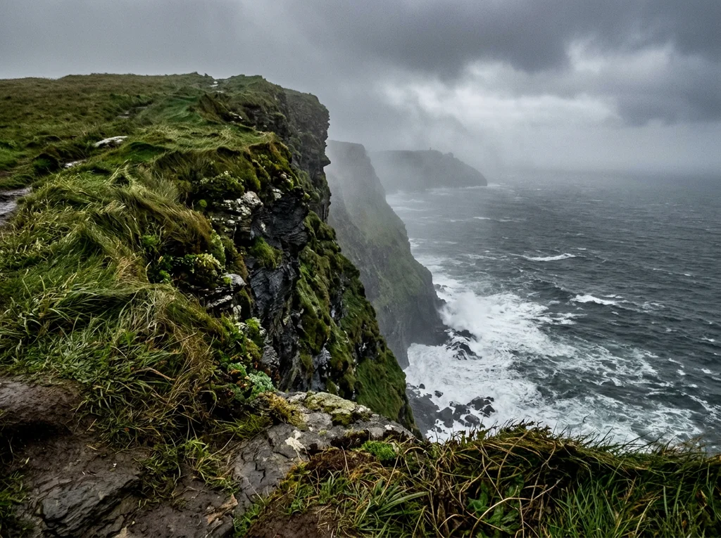 Rugged green coastal cliff edge, representing the Ireland ferry routes