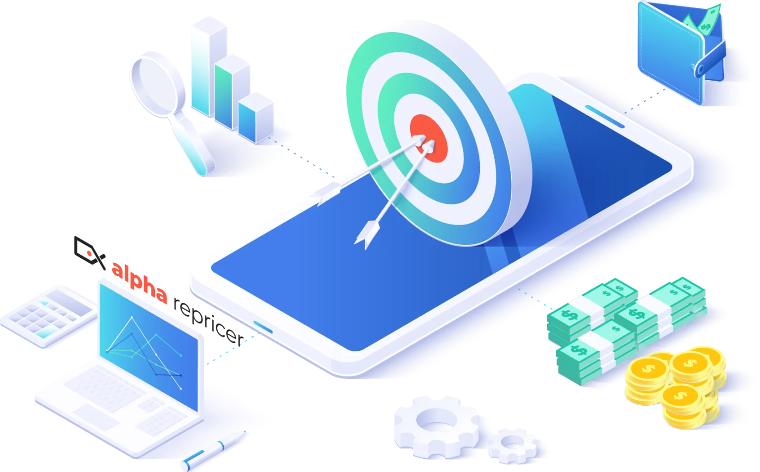 Alpha Repricer dashboard showing listings, Buy Box status and repricing data