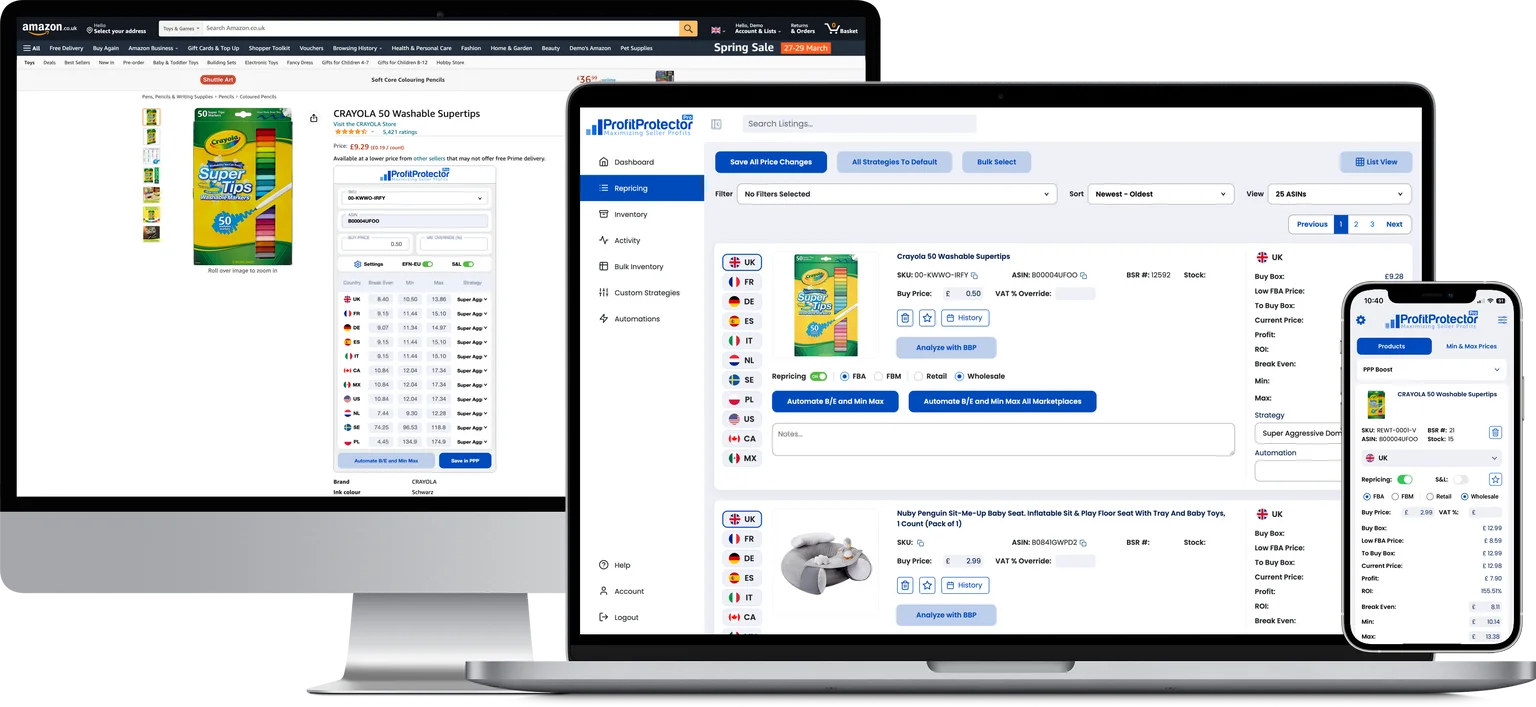 Profit Protector Pro repricing dashboard showing listings, strategies and Buy Box data