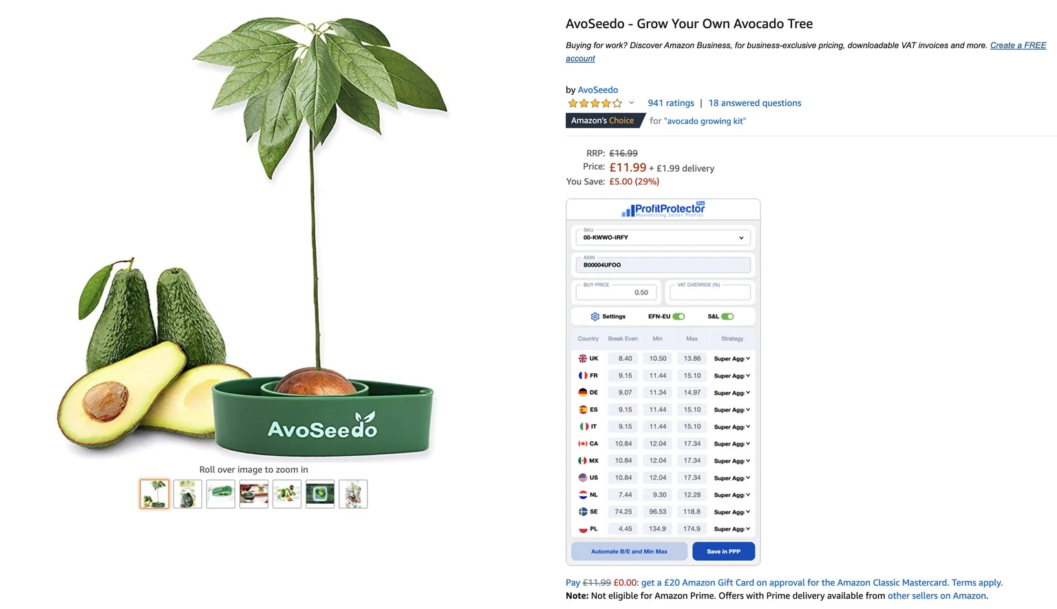 Profit Protector Pro Chrome extension on Amazon product listing page