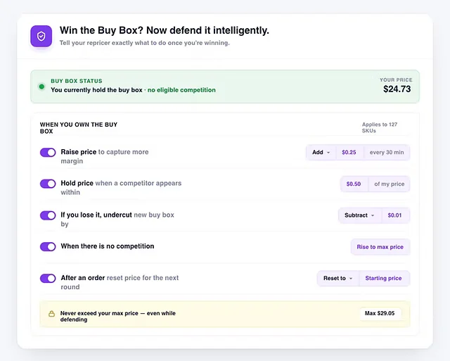 Flashpricer Buy Box optimisation showing price positioning and competitor analysis
