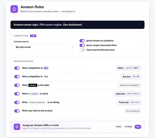 Flashpricer repricing rules dashboard showing custom strategy configuration