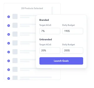 Perpetua Launch Goals interface showing ACoS targeting and daily budget settings