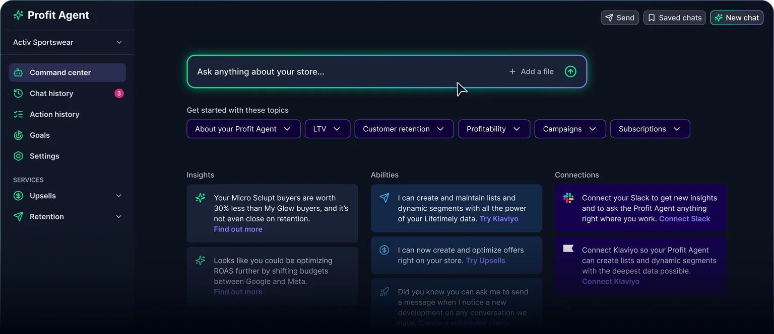 Lifetimely Profit Agent monitoring P&L, LTV and attribution for a Shopify store