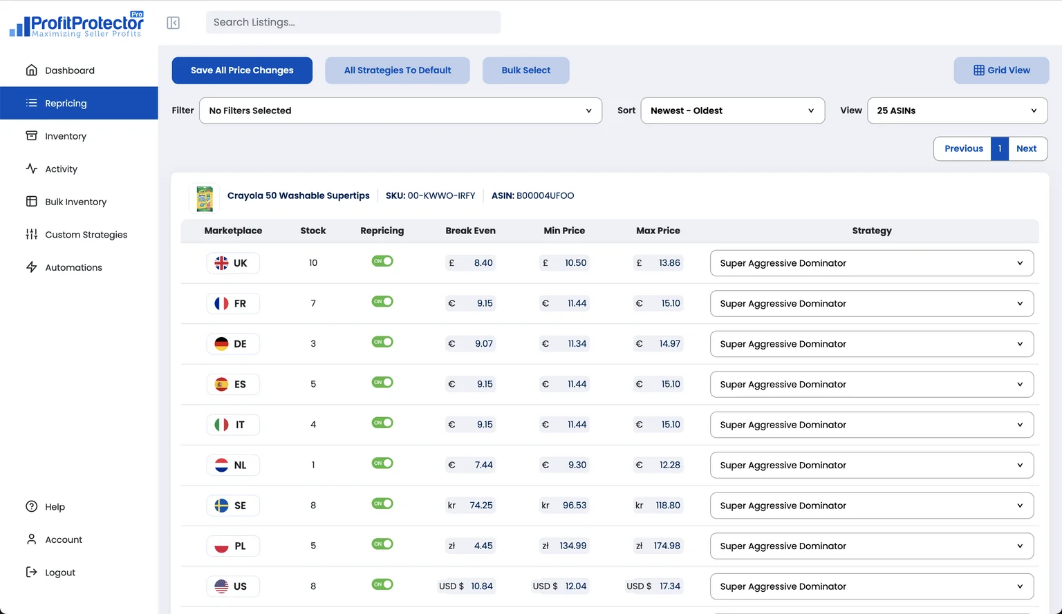 Profit Protector Pro repricing strategies showing AI algorithmic options