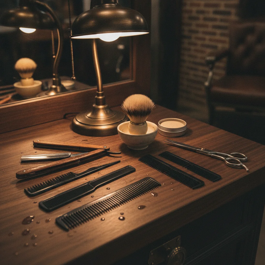 Vintage barber tools including straight razors and professional scissors