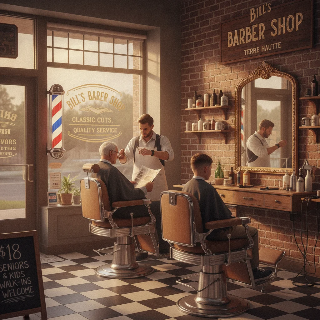 Interior of Bill's Barber Shop with vintage leather chairs and warm lighting