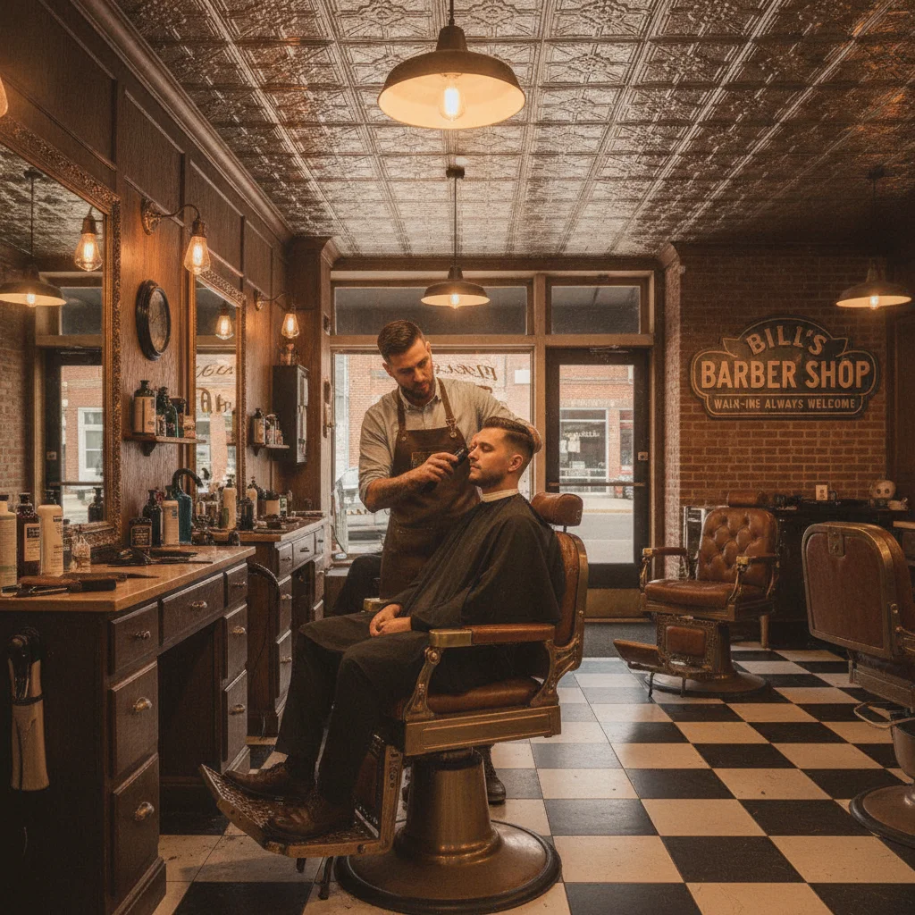 Professional barber giving a classic fade haircut in a warmly-lit vintage barbershop